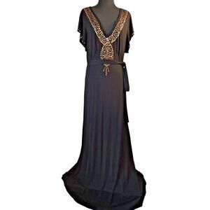 Monroe & Main Woman Maxi Black Jersey Flowy Dress Size 1X Brass Metallic Accents